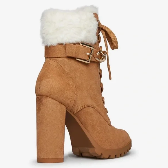 NIB Tan Faux Suede Faux Fur Block Heel Booties - Picture 5 of 5